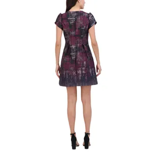 NWT Vince Camuto Womens Jacquard Fit Flare Puff Sleeve Dress VC4M5667 Wine Red 8 thumbnail 3