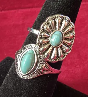 Western Turquoise Ring Set 2 Pc Sunburst & Marquise Stacking Bands sizes 6 & 7.5 thumbnail 1