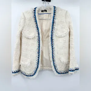Magyann Cream Boucle Fringe‎ Trim Jacket Blazer Blue Trim Size XS Women's thumbnail 2