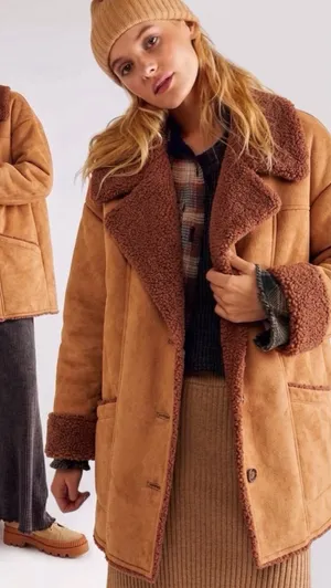 Free People Western Bohemian Retro 70s Faux Sherpa Suede Diogo Coat Size Large thumbnail 1