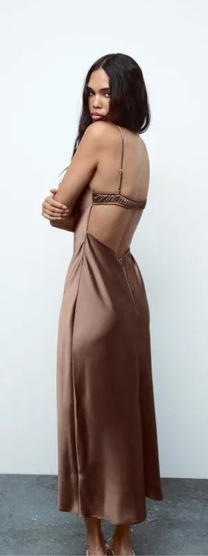 Zara dress midi maxi satin wedding lingerie chocolate brown party cocktail thumbnail 12