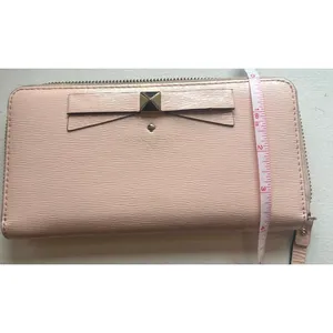 Kate Spade Bow Zip Around Wallet Blush Pink Hatched Leather Clutch Gold Tone thumbnail 3