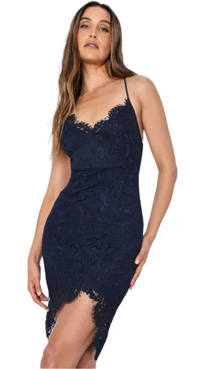 New LULU'S‎ Flirting with Desire Navy Blue Eyelash Lace Bodycon Mini Dress M thumbnail 1