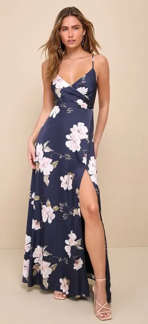 NWT Lulus Radiant Occasion Navy Blue Floral Satin A-Line Maxi Dress Cruise Sz M thumbnail 1