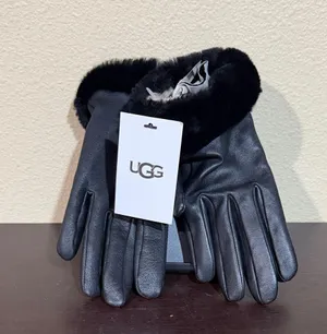 NWT UGG Size Small Black Leather Gloves with Fur Trim thumbnail 1