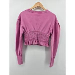 Free People Sweatshirt Womens XS Like A Lady Pink Smocked Puff Sleeve EUC thumbnail 3