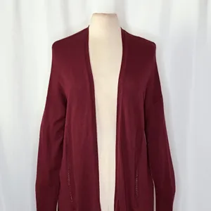 By ANTHROPOLOGIE Pointelle‎ Long Cardigan Sweater Purple Burgundy Cottage Medium thumbnail 3