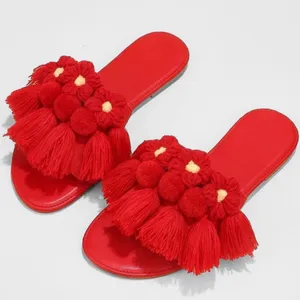 New Red Slide Sandal Tassel Pom Pom Faux Suede Slip On Bohemian Sz-8 thumbnail 7