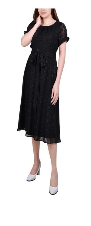 NWT Ny Collection Short Sleeve Belted Swiss Dot Dress Black Multi Circle PL thumbnail 1
