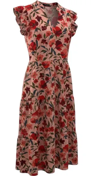 PrettyGarden Floral Dress Sz L Midi Tiered Flutter Sleeve Pockets Boho Summer thumbnail 1