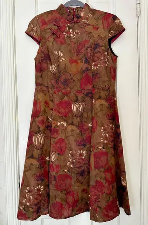 Dark Floral Traditional Qipao / Cheongsam w. Flare Skirt thumbnail 1