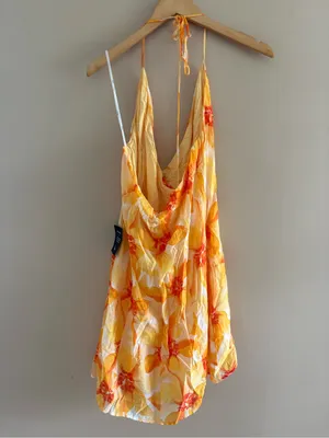 Lulus Prue Orange Floral Halter Mini Dress Size large Sleeveless V Neck Vacation thumbnail 6