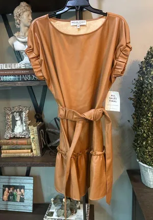 INCLAN STUDIO Millie Faux Leather Mini Dress TAN BROWN Butterscotch Womens Size thumbnail 3