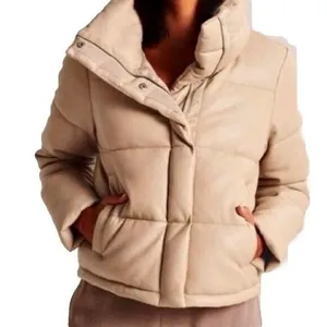 Abercrombie & Fitch Women's Large Cream Vegan Leather Mini Puffer‎ Jacket thumbnail 5