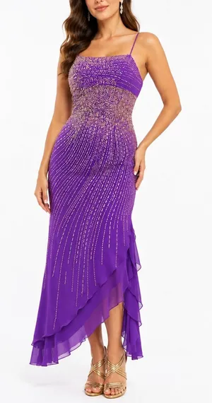 Party Time Y2k Vintage Prom Dress Purple Sequin Rhinestone Evening Gown 4 Small thumbnail 1