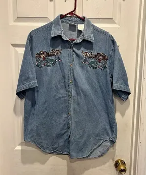 Bobbie Brooks Vintage‎ Embroidered Garden Bears Denim Shirt Womens Large Cottage thumbnail 1