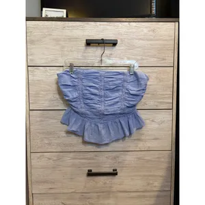 Free People Ruched Peplum Tube Top Periwinkle Blue Smocked Strapless Lace Trim M thumbnail 3