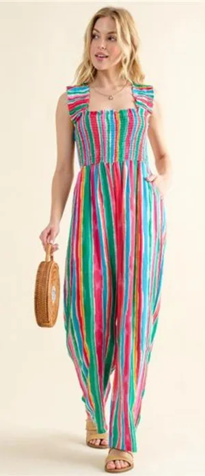 NWT‎ And The Why Full Size Striped Smocked Sleeveless Jumpsuit thumbnail 1