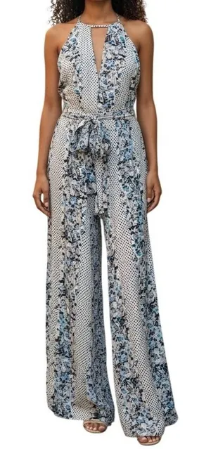 BANJUL Floral‎ Polka Dot Halter Wide Leg Jumpsuit Blue White Tie Waist NWOT M thumbnail 1