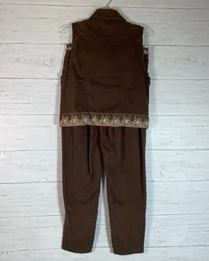 Vintage Susan Bristol Women’s Brown Corduroy Vest&pants set Floral Embroidery M thumbnail 4