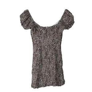 Womens Leopard Print Mini Dress Brown Animal Puff Sleeve Tie Front Size S thumbnail 4