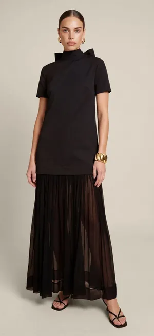 NWT o.p.t Elowen Maxi Dress size L Few Moda short sleeve tie bow back Black thumbnail 1