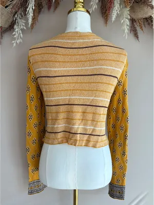 Free People Women's XS Yellow Patterned Long Sleeve Knit Sweater thumbnail 2