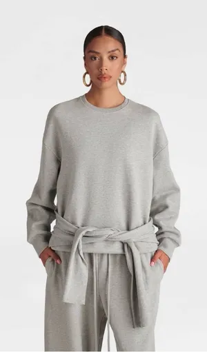 Women's Gray Crewneck Sweatshirt with Waist Tie thumbnail 1
