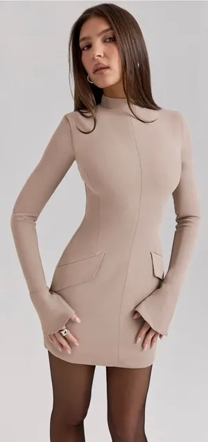 House Of Cb Mahalia Taupe Long Sleeve Mock Neck Mini Dress‎ NWOT Size M thumbnail 1