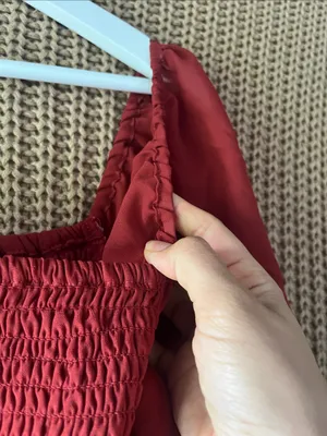 Smocked Midi Dress in Deep Red with Puff Sleeves thumbnail 5