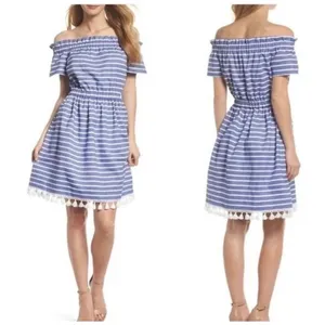 Eliza J Women Blue White Stripe Off The Shoulder Tassel Dress 6‎ thumbnail 2