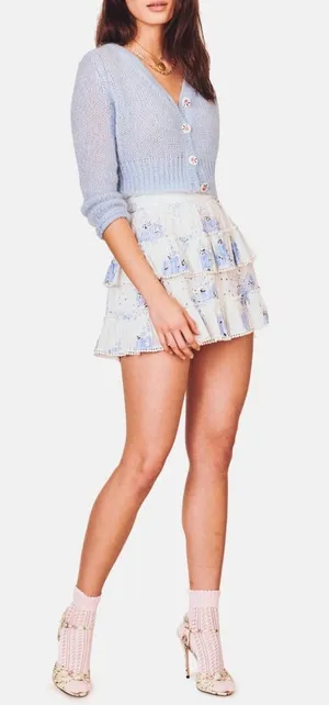 LoveShackFancy Bliss Morning Mist Floral Eyelet Ruffle Tiered Mini Skirt Large thumbnail 1