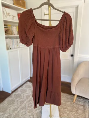 100% Cotton Smocked Midi Dress Cottagecore Prairie Boho Romantic Chocolate Brown thumbnail 2
