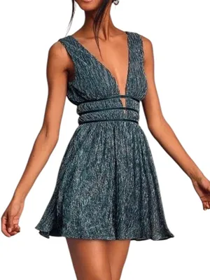Lulus NWT Smokeshow Teal Metallic Deep V Sleeveless Skater Mini Dress Size XS thumbnail 1