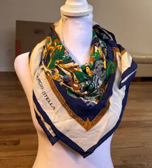 Giorgio Stella Silk Scarf‎ Navy Blue Cream Gold Heraldic Lion Crest Square 31x31 thumbnail 1