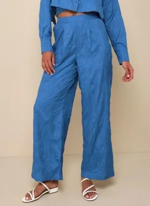 NWT Lulus Getaway Aesthetic Blue Textured Wide-leg High-rise Pants - Size L thumbnail 1
