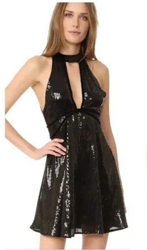 Free People Size 4 Mini Dress‎ Black "Film Noir" Sleeveless Sequins Plunge thumbnail 1