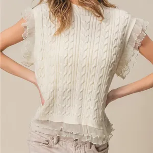 NWT Bibi Cream Cable Knit Top with Layered Chiffon Edges size medium White thumbnail 1