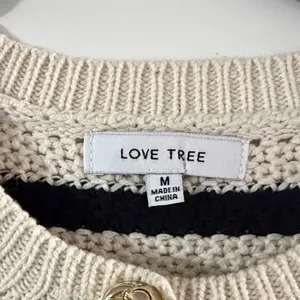 Love Tree Cream & Black Striped Short Sleeve Cardigan with Decorative Buttons thumbnail 2