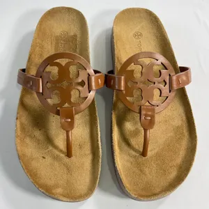 Tory Burch Miller Cloud Women 9.5 Bourbon Miele Leather Double T Logo Sandal thumbnail 2