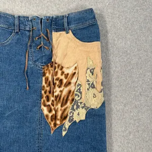 Y2k Patchwork Animal Print Midi Denim Skirt 27 Lace Up Cut Off Made in Italy thumbnail 2