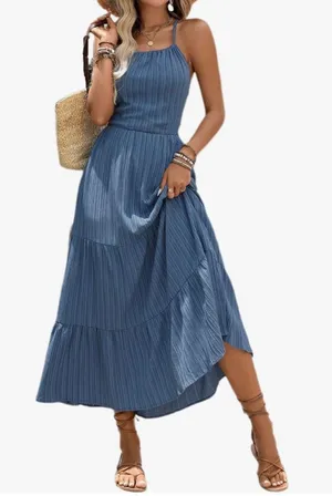 Flowy Summer Sundress Backless Bohemian Maxi Blue Size none thumbnail 1