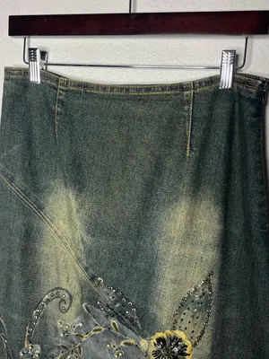 Y2K Vintage Asymmetrical Lace Hem Floral Beaded Fairy Grunge Denim Midi Skirt thumbnail 6