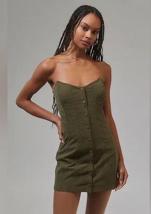 Urban Outfitters Cali Corduroy Strapless Corset Mini Green Dress Size Medium thumbnail 1