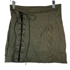 Y2K Vestidos Olive Green Mini Skirt Faux Suede Lace Up‎ M Goblincore Festival thumbnail 1