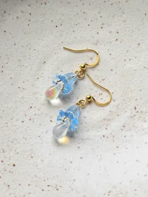 Handmade quality Czech glass beads & German acrylic flower beads cute fairy cottage style dangle earrings💐🩵 thumbnail 3