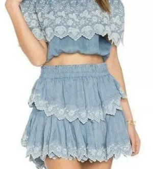 LoveShackFancy Ruffle Mini Skirt in Light Indigo Size XS thumbnail 2
