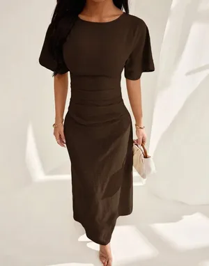 Dark Brown Round Neck Short Sleeve Waist-Defining Maxi Dress thumbnail 3