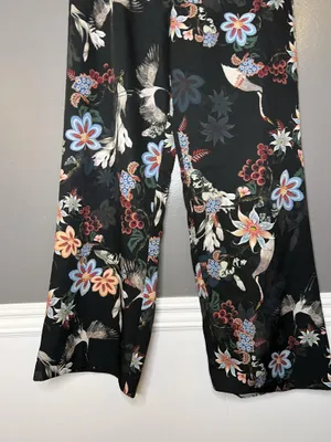 H&M Pants Womens 8 Black Floral Bird Print Wide Leg Crepe Stretch Dress Pants thumbnail 3
