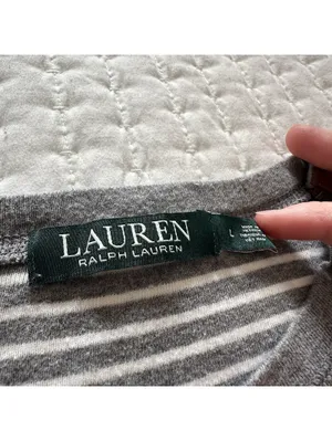 Lauren Ralph Lauren Large L Gray White Striped Long Sleeve T Shirt Brown Patches thumbnail 9